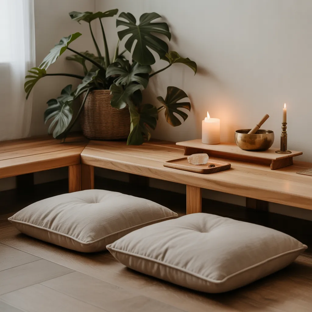 wooden meditation corner with linen cushions and monstera plant