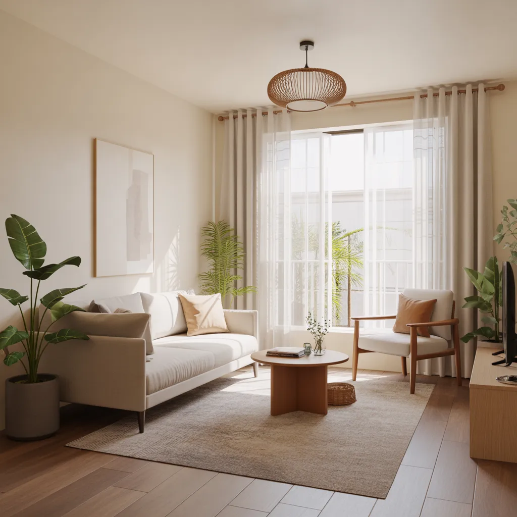 Small 1BHK interior ideas that feel big — a light neutral living room with warm beige walls, linen sofa, jute rug, and natural light