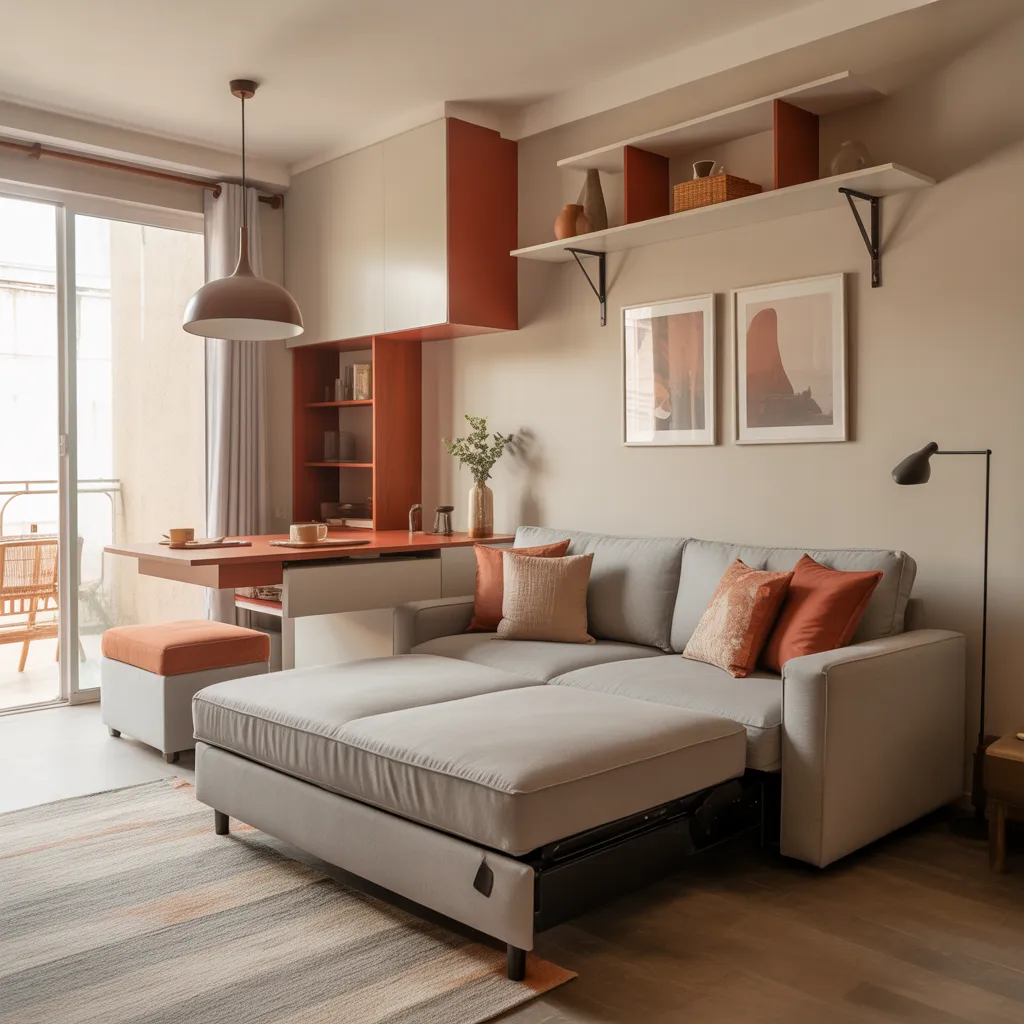 Small 1BHK interior ideas that feel big — a sofa bed and storage
ottoman in a compact living room with natural wood and neutral tones