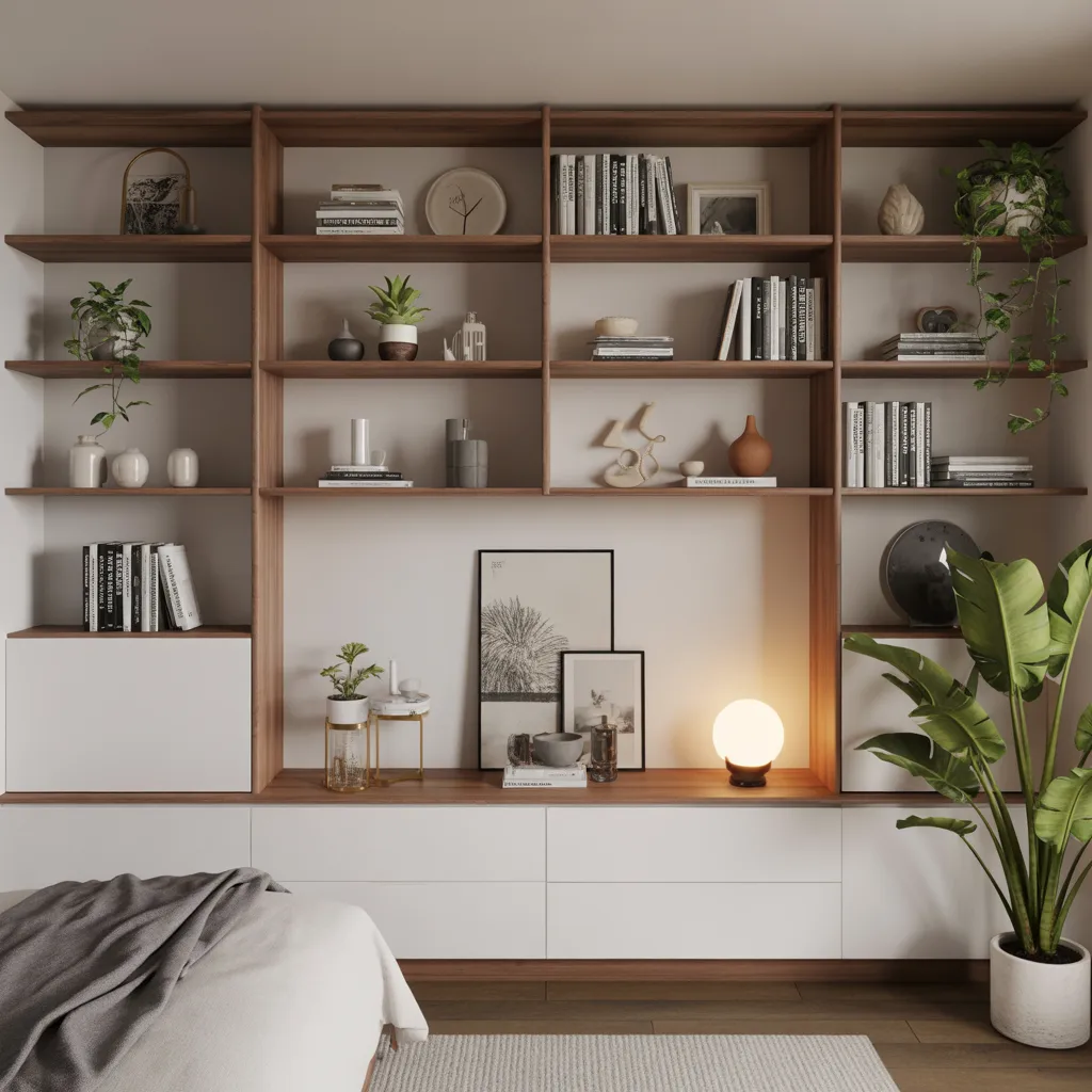 Small 1BHK interior ideas that feel big — floor-to-ceiling wooden shelves with trailing plants, books, and minimal decor in a bright apartment