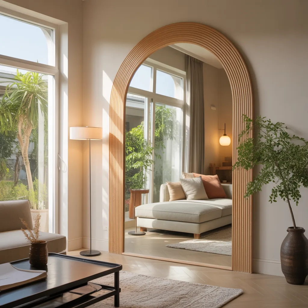 Small 1BHK interior ideas that feel big — a large round mirror with bamboo frame reflecting natural light and indoor plants in a minimalist living room