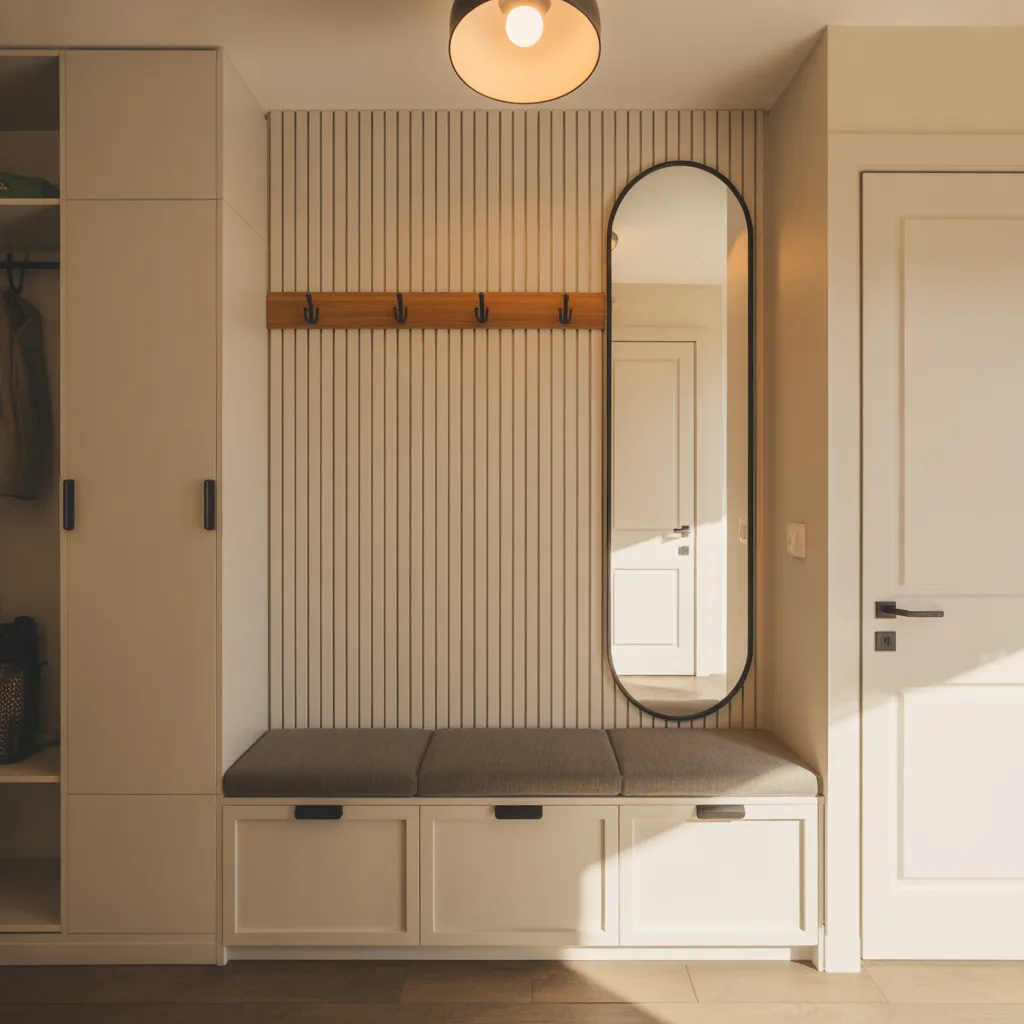 Small 1BHK interior ideas that feel big — a window seat bench with pull-out storage drawers and a bed frame with built-in gas-lift storage in a compact bedroom