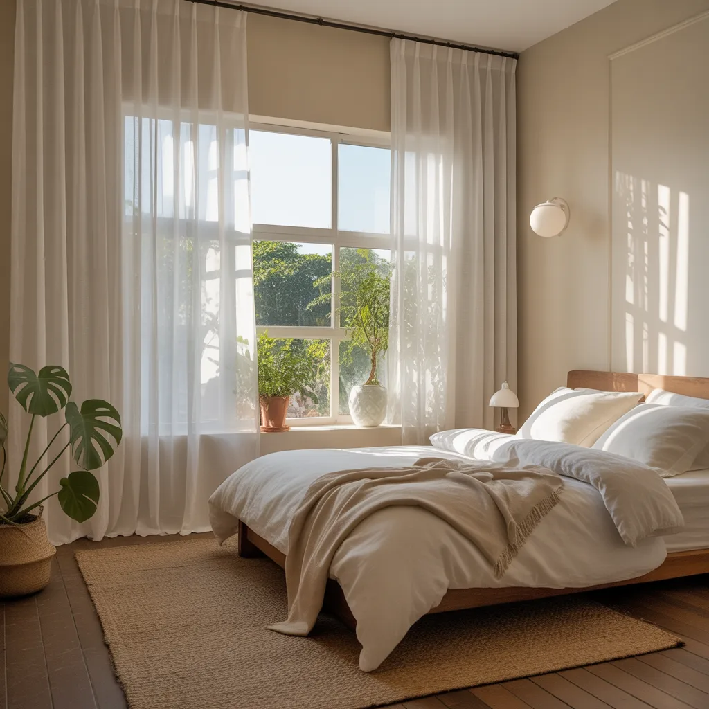 Small 1BHK interior ideas that feel big — floor-to-ceiling sheer linen curtains in a bright compact living room with warm natural sunlight and neutral decor