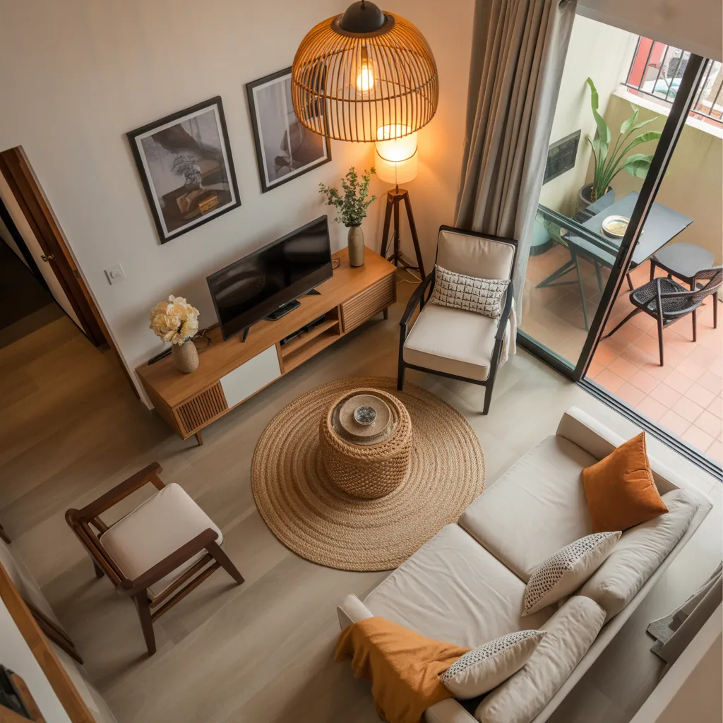 Small 1BHK interior ideas that feel big — an open-plan apartment with a jute rug anchoring the living zone, a pendant lamp over the dining nook, and warm floor lamps