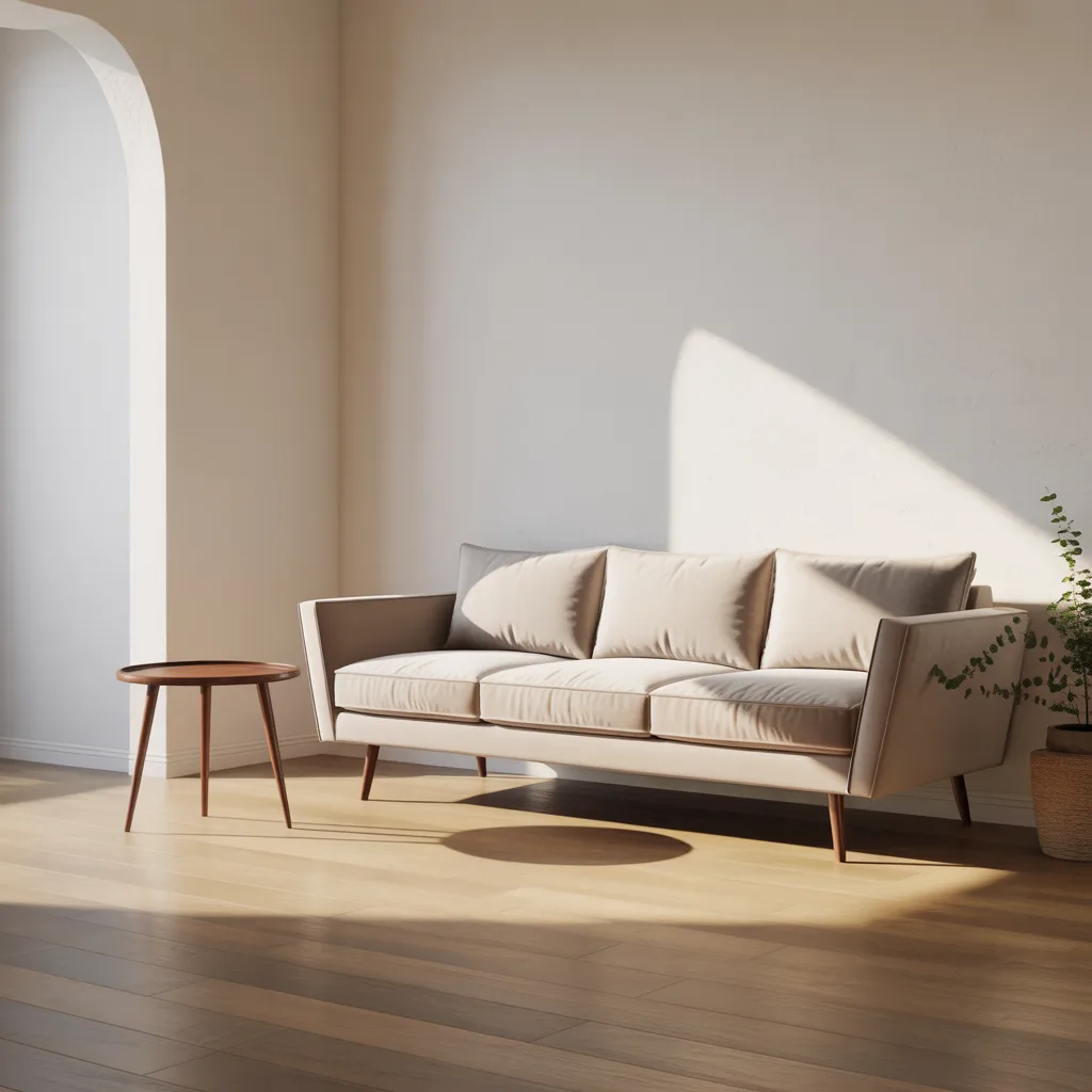 Small 1BHK interior ideas that feel big — a mid-century modern sofa with tapered wooden legs and a raised bed frame in a light airy minimalist apartment