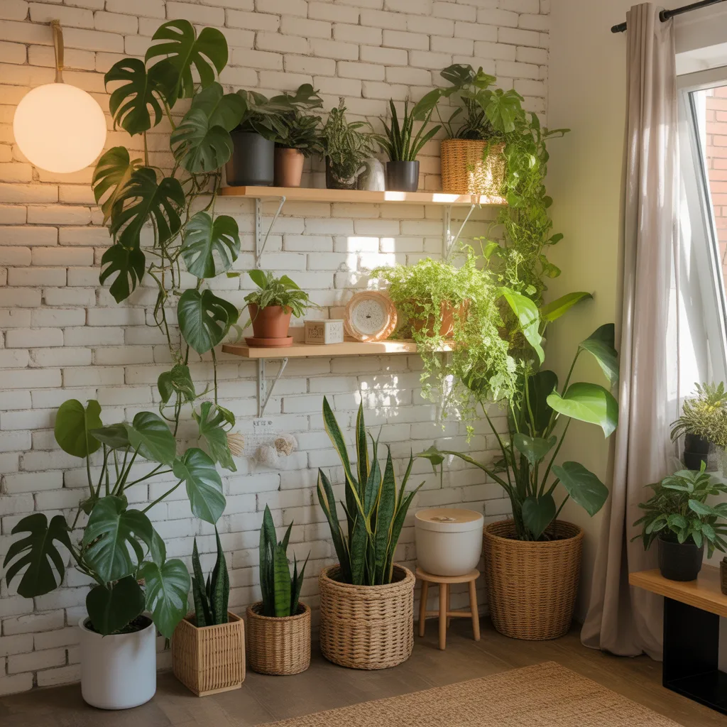 Small 1BHK interior ideas that feel big — a compact apartment corner with a trailing pothos on a high shelf, a monstera near a window, and snake plants on the