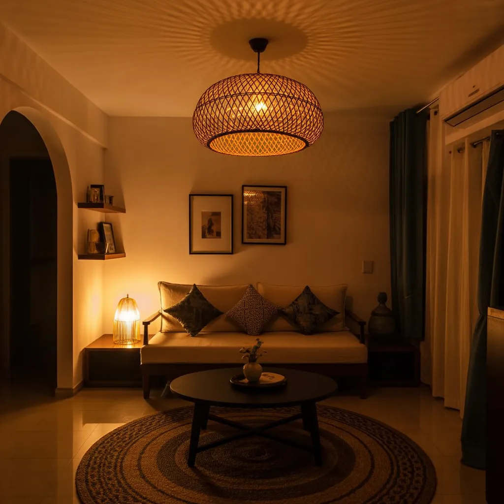 Small 1BHK interior ideas that feel big — a rattan statement pendant chandelier above a compact dining table in a warm minimalist apartment with layered lighting