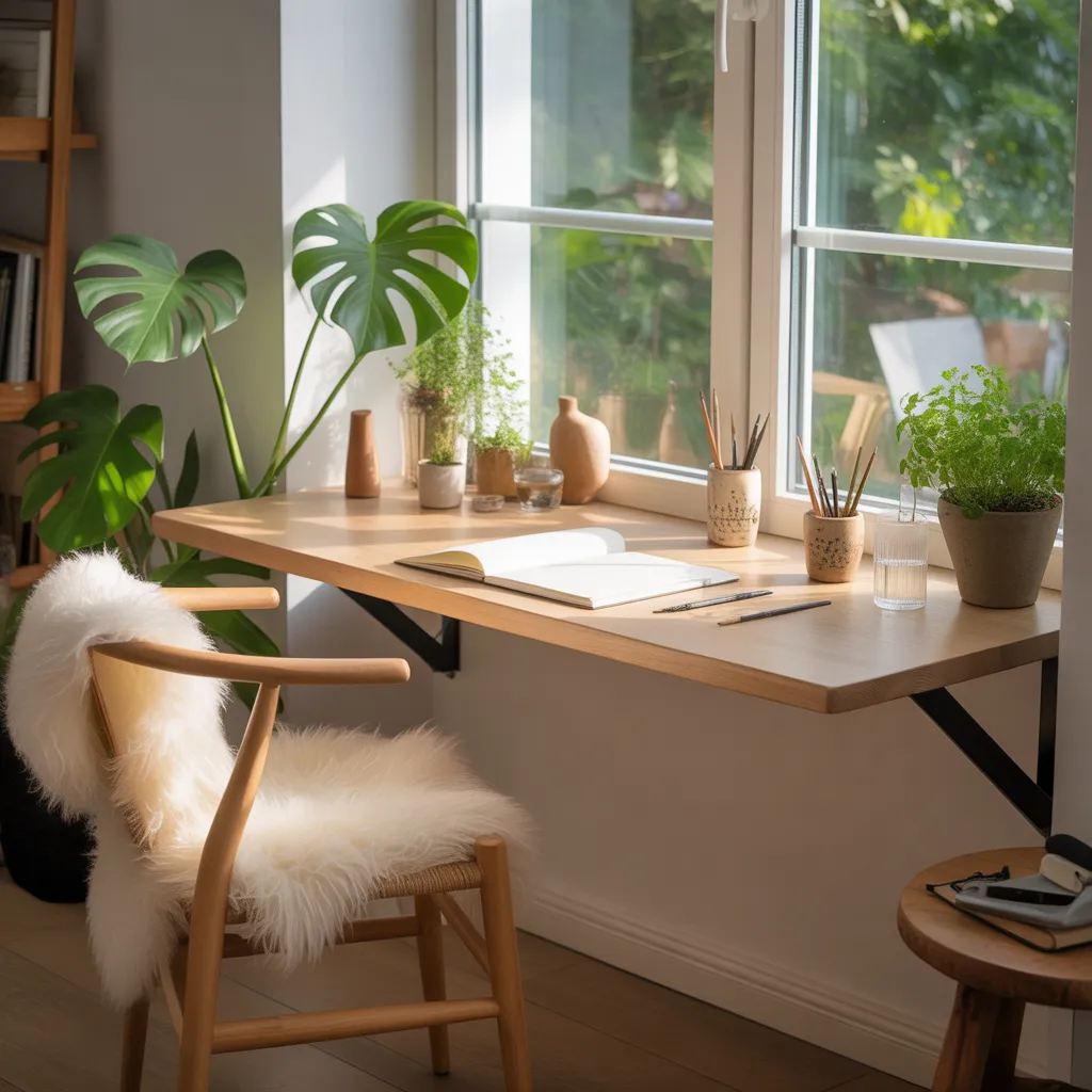 Tiny art studio ideas for small spaces — minimalist 
floating desk beside sunny window with watercolor supplies