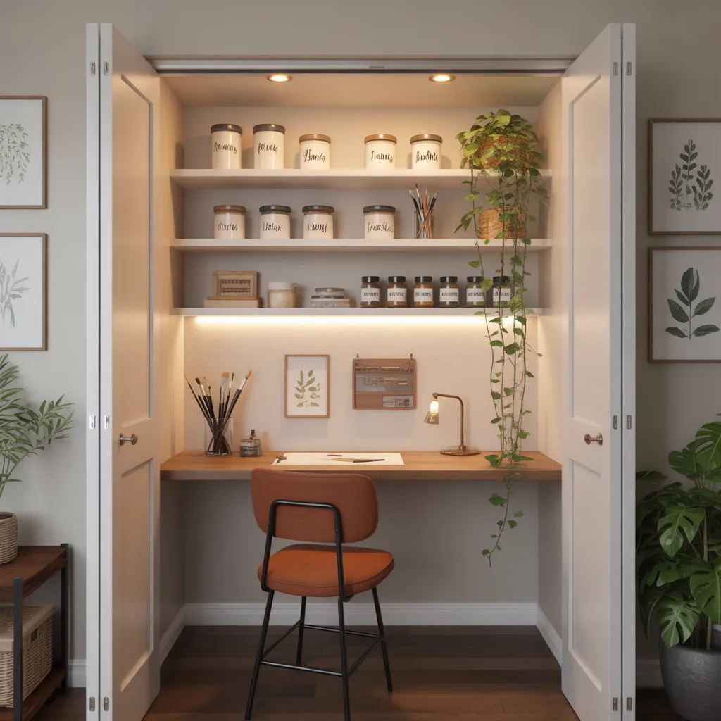 Tiny art studio ideas for small spaces — converted closet 
art studio with white shelves, glass jars and warm lighting