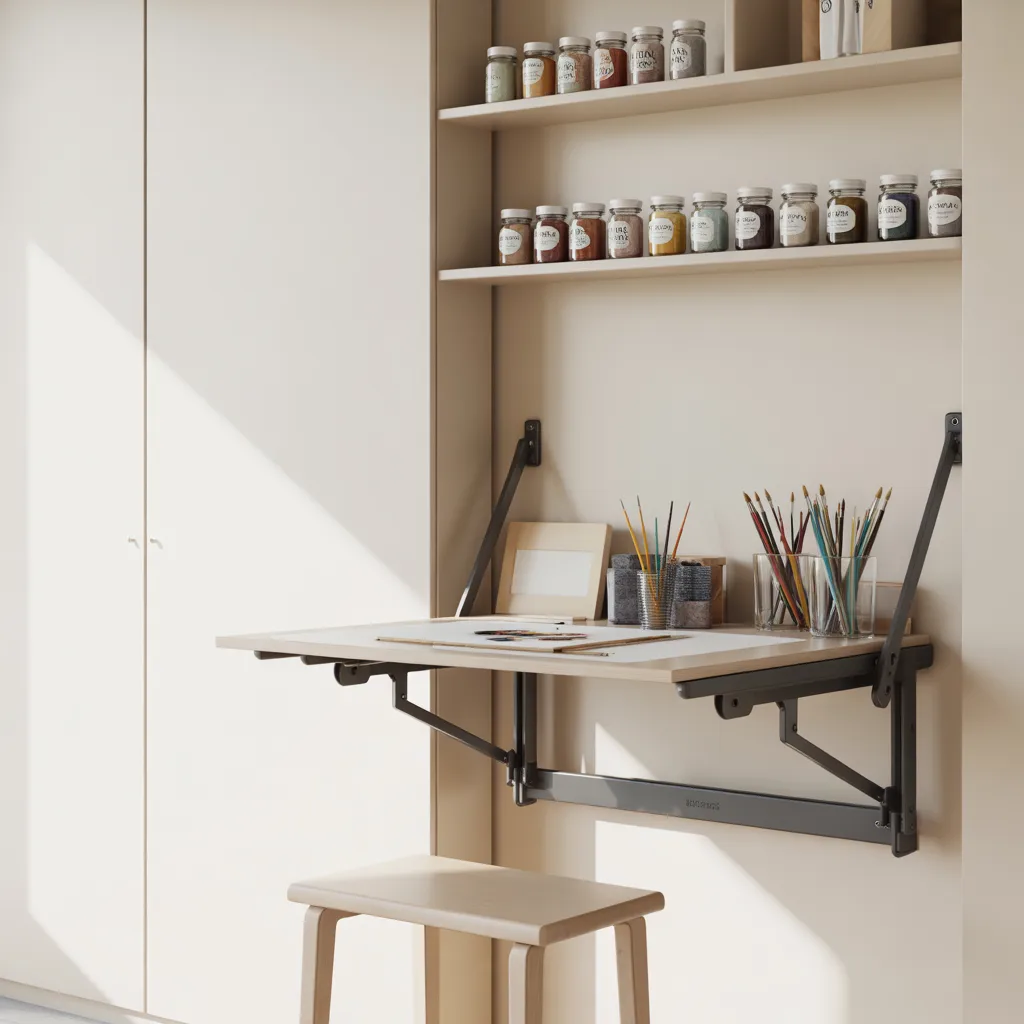 Tiny art studio ideas for small spaces — fold-down 
wall-mounted art desk with floating shelves and art supplies