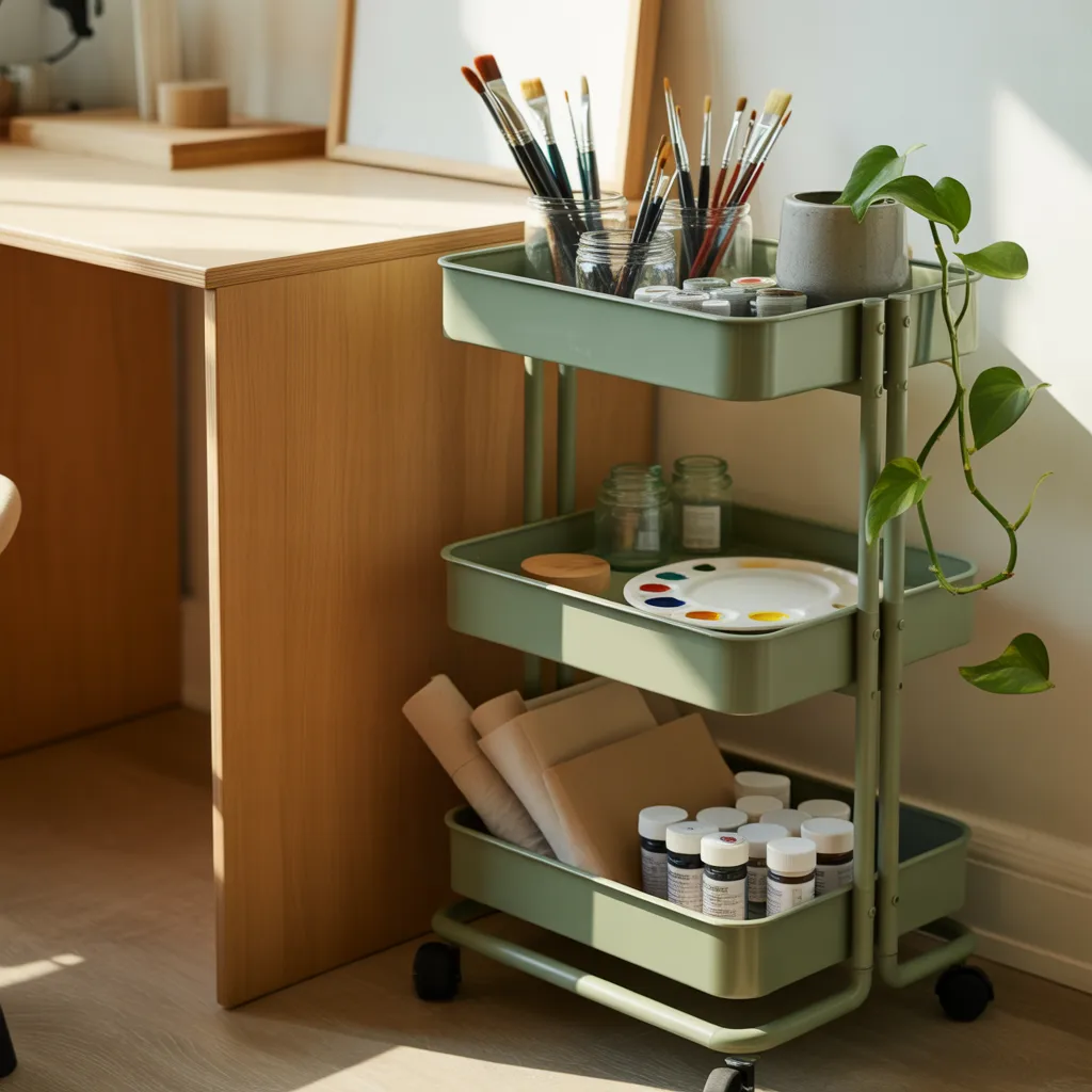 Tiny art studio ideas for small spaces — three-tiered 
rolling art cart with brushes, paints and ceramic jars