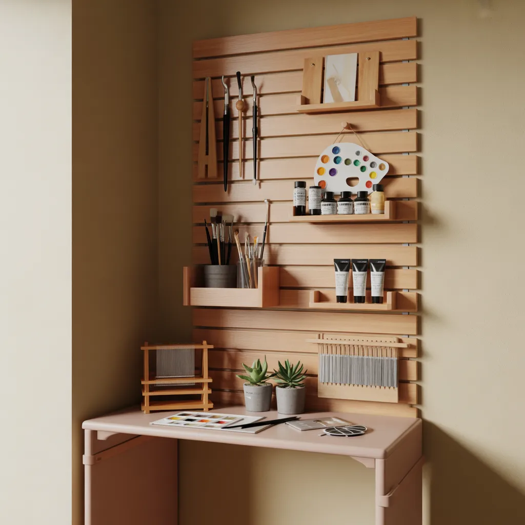 Tiny art studio ideas for small spaces — wooden slat-wall 
organizer with hooks holding brushes and art supplies