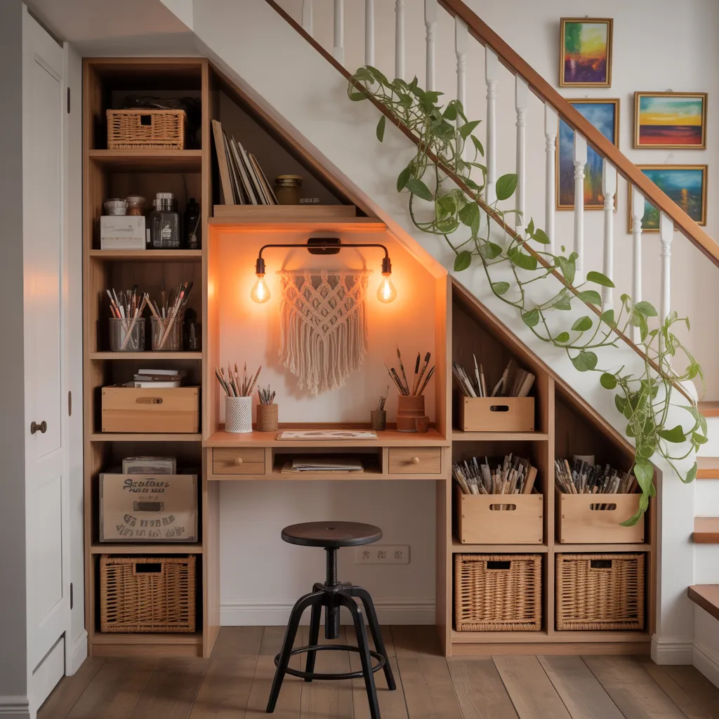 Tiny art studio ideas for small spaces — cozy under-stair 
art nook with built-in shelves and warm Edison lighting
