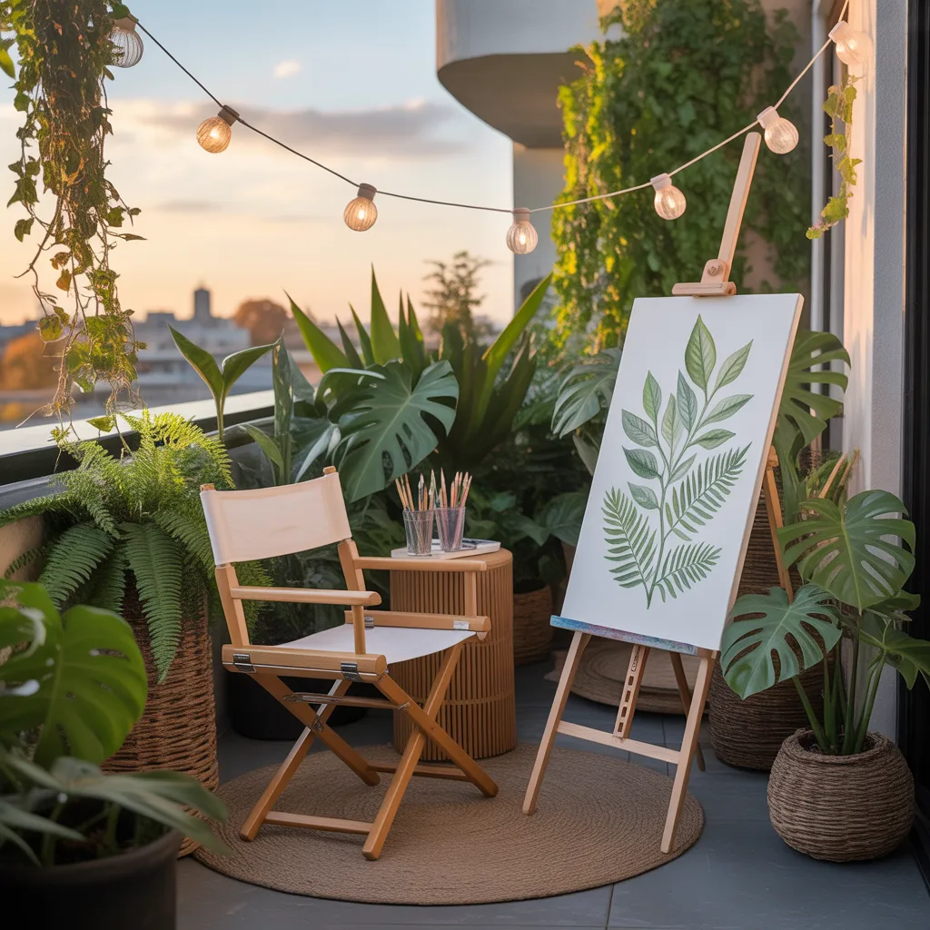 Tiny art studio ideas for small spaces — balcony outdoor 
art studio with foldable easel and string lights at golden hour