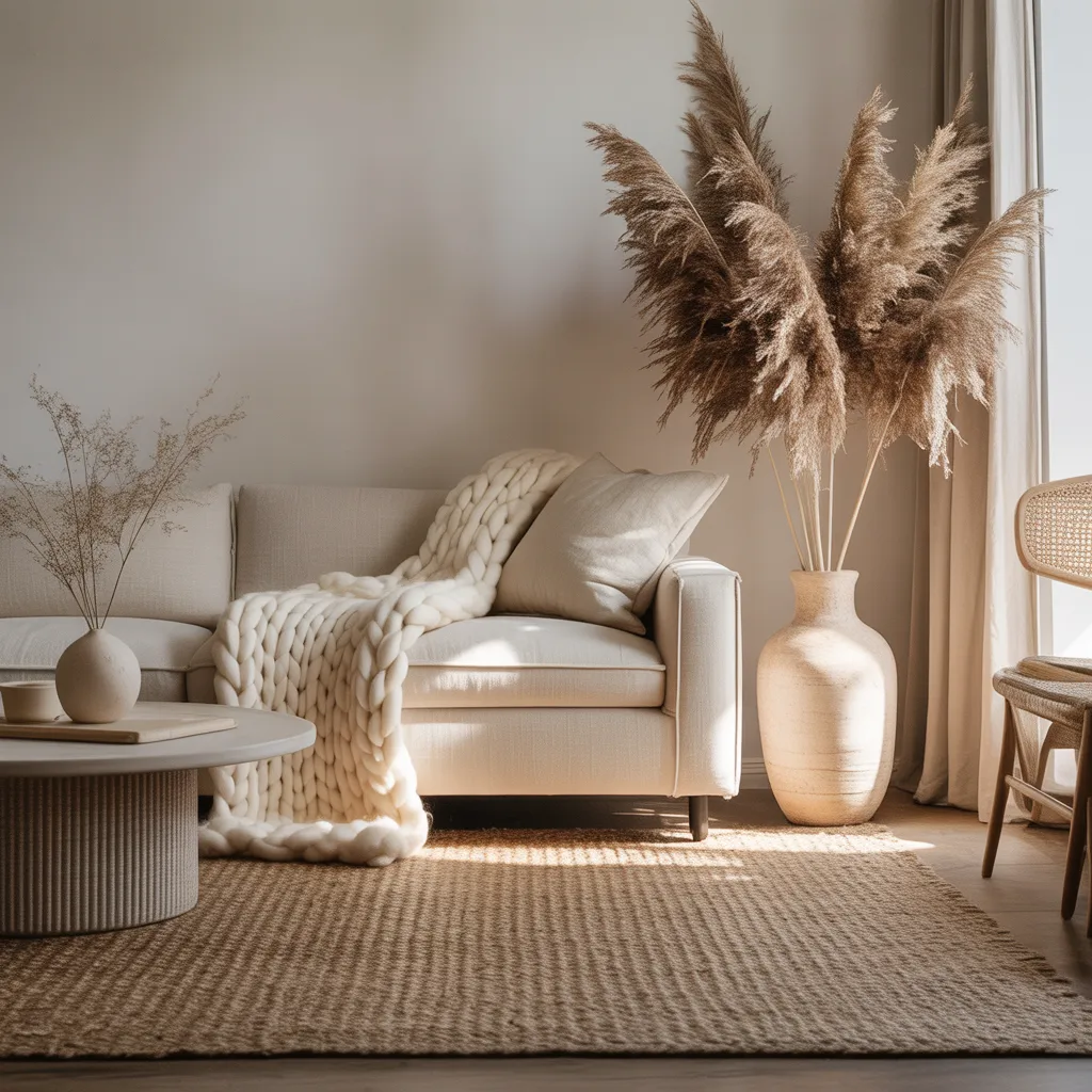 Layered neutral textures in a budget luxury living room