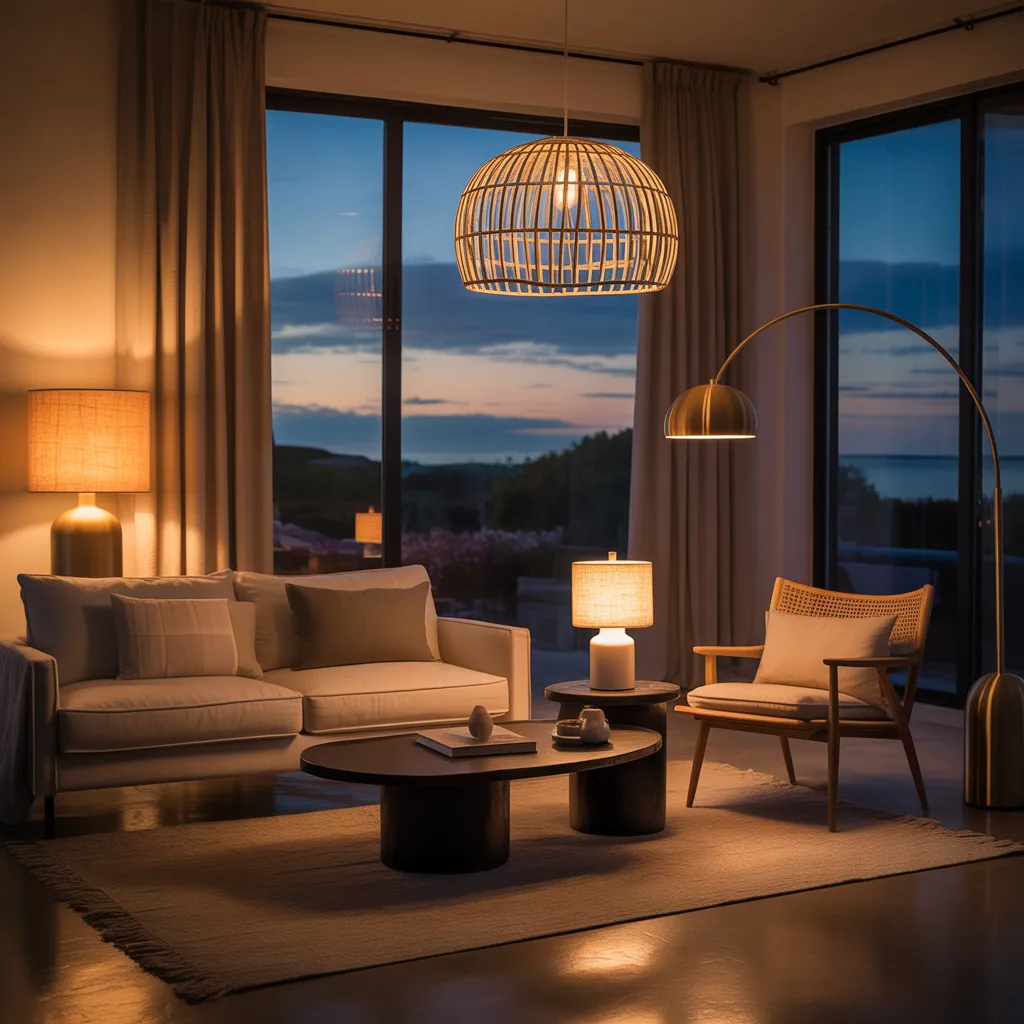 Warm layered lighting in a minimalist luxury living room