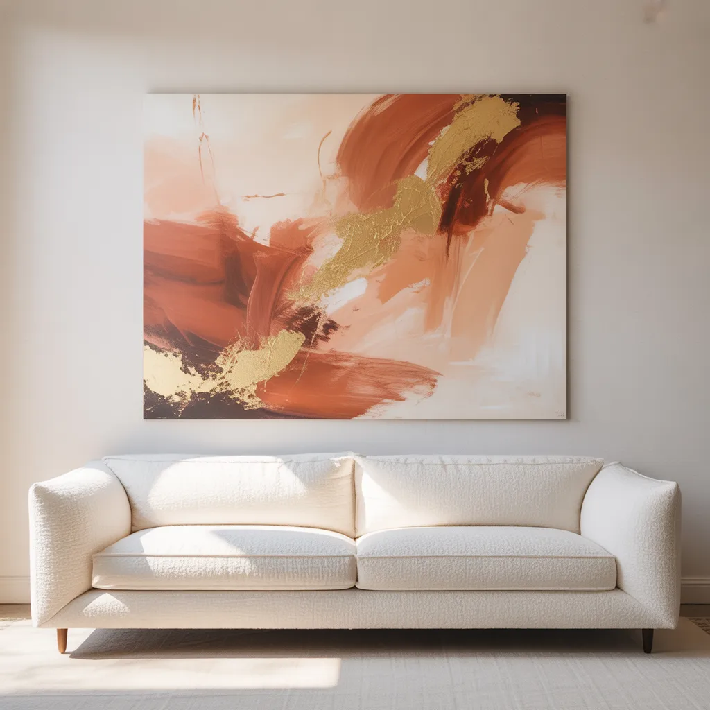 Oversized abstract wall art in a budget living room
