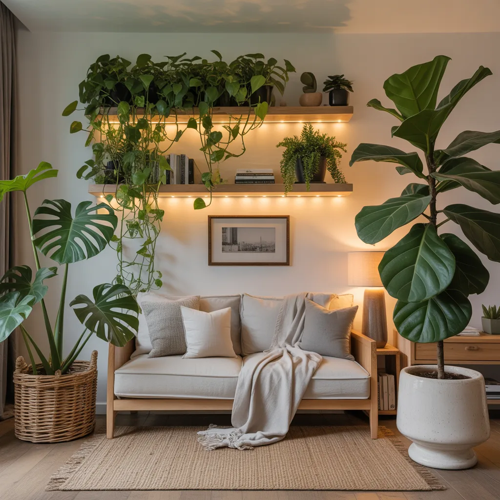 Large indoor plants in a wellness-inspired living room
