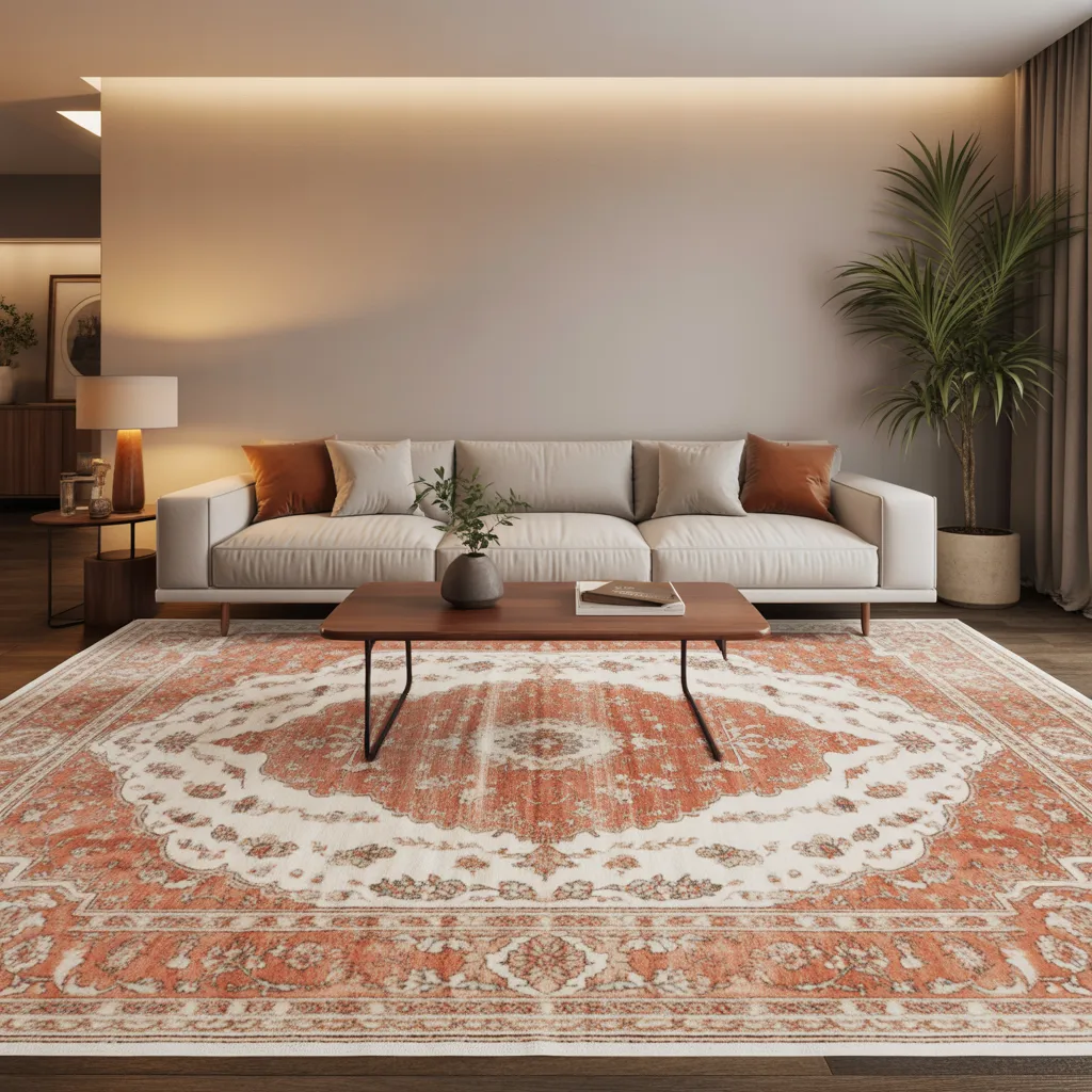 Oversized vintage area rug in a luxury living room