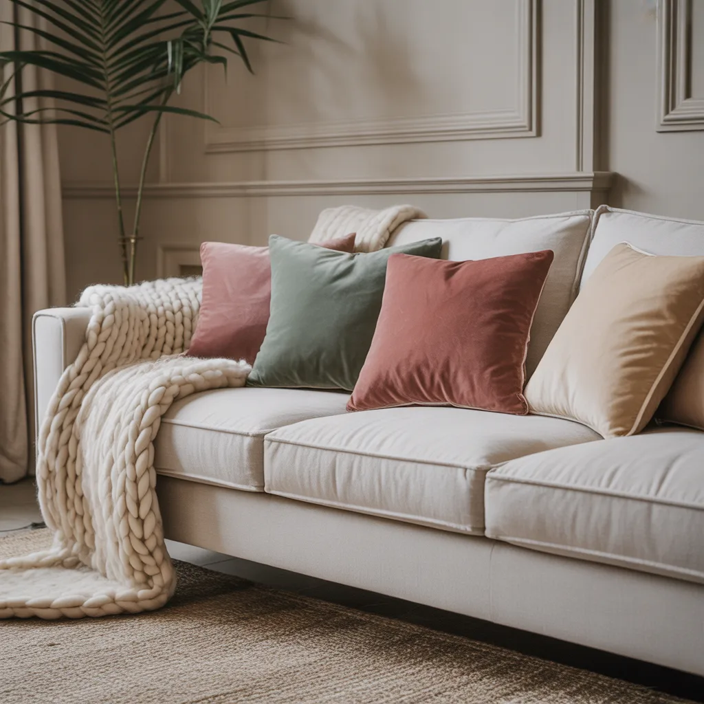 Velvet throw pillows on a budget luxury linen sofa