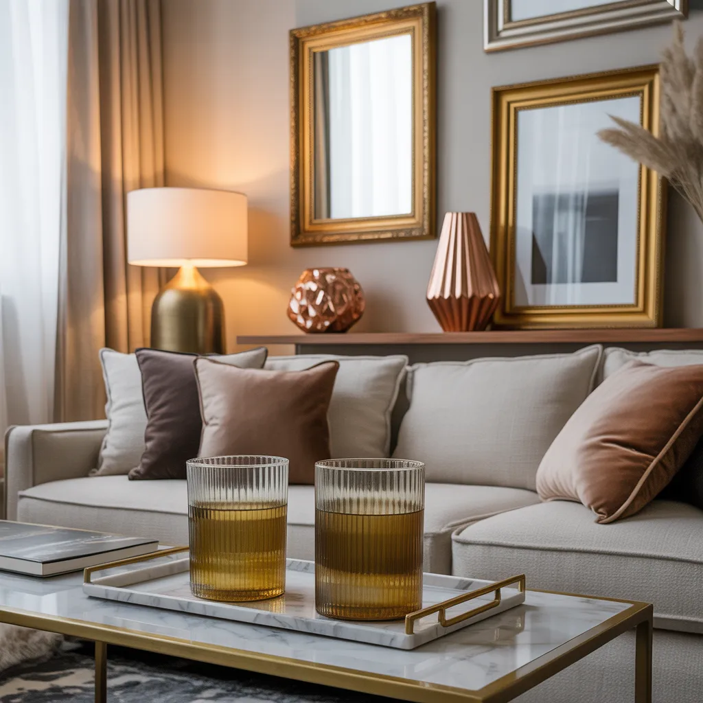 Brass metallic accents in an affordable luxury living room