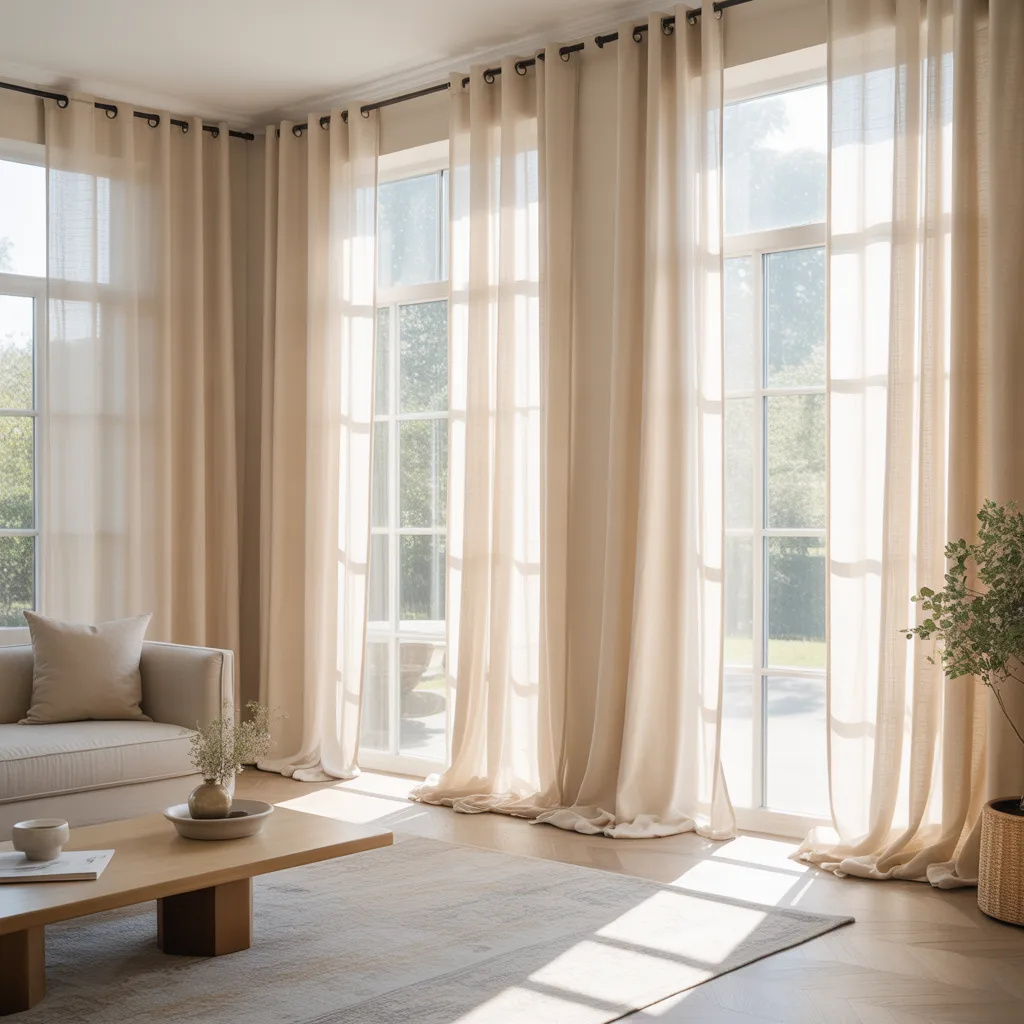 Floor-to-ceiling linen curtains in a budget living room