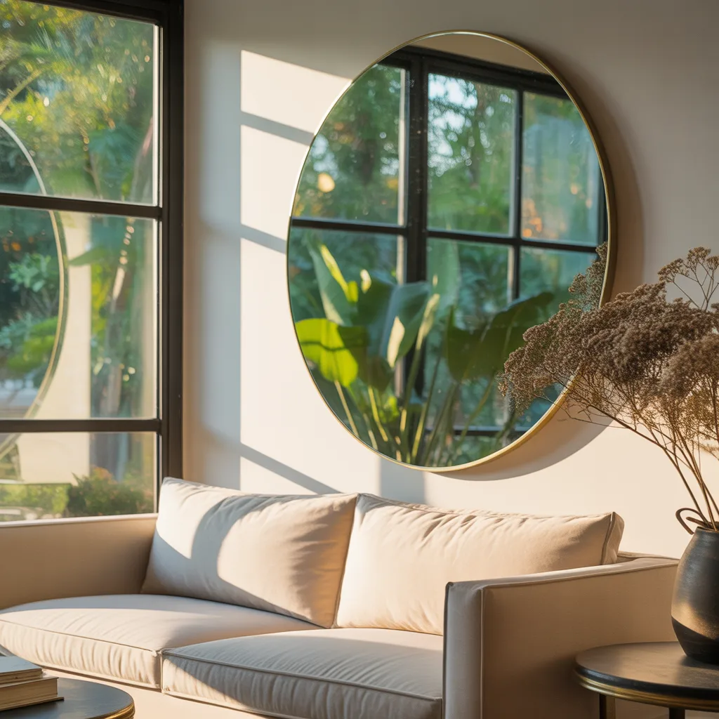 Large round brass mirror in a luxury living room