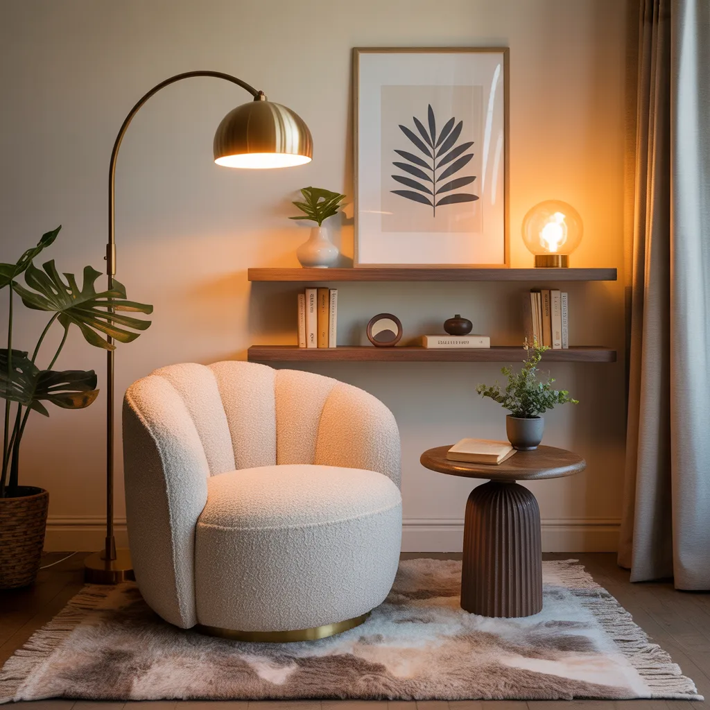 Cozy boucle reading nook in a budget luxury living room