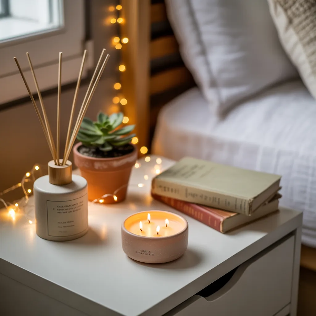 Nightstand with a lit candle, reed diffuser, and a small succulent plant.