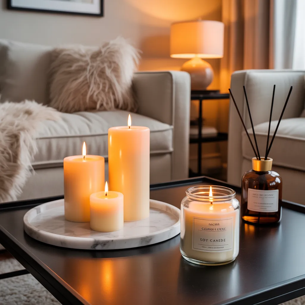 Candle vignette tray in a cozy luxury living room