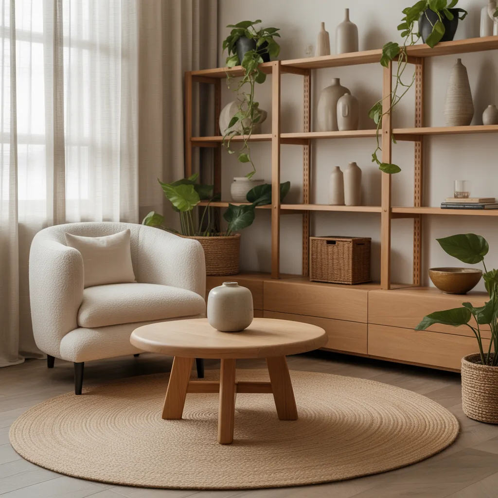 Natural organic materials in a Japandi living room