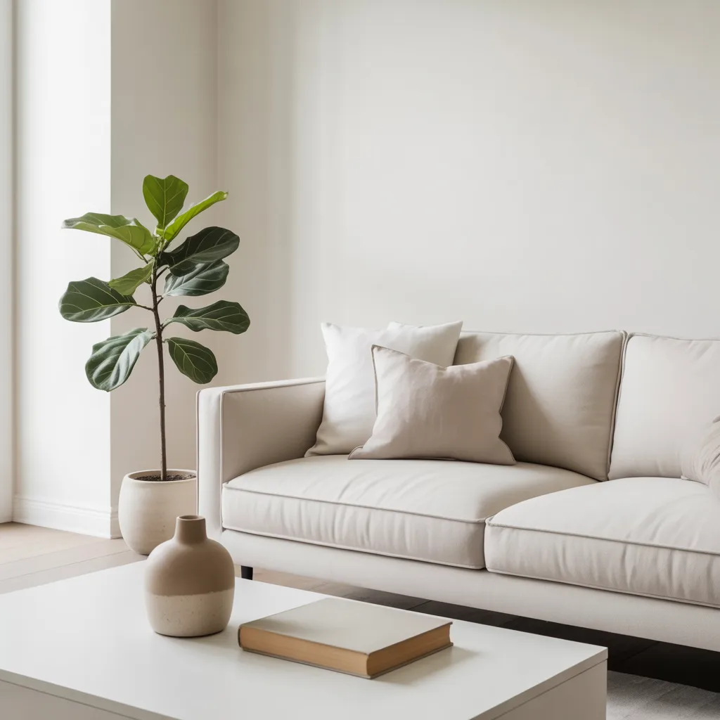 Clean decluttered minimalist living room with empty surfaces