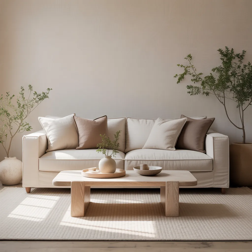 Warm monochromatic neutral palette in a minimalist living room