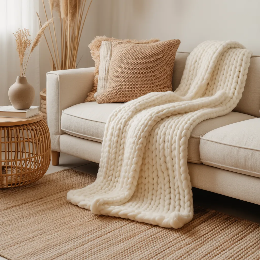 Layered natural textures with jute rug and knit throw in minimalist room