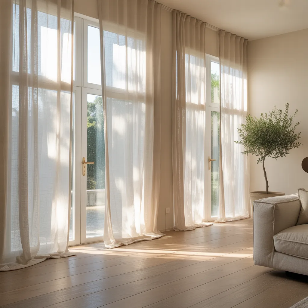 Floor-to-ceiling sheer linen curtains maximizing natural light