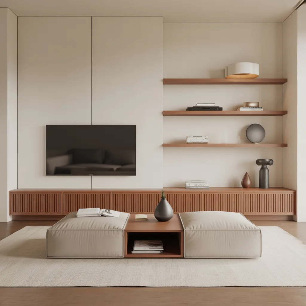 Minimalist living room with hidden storage ottoman and sleek console