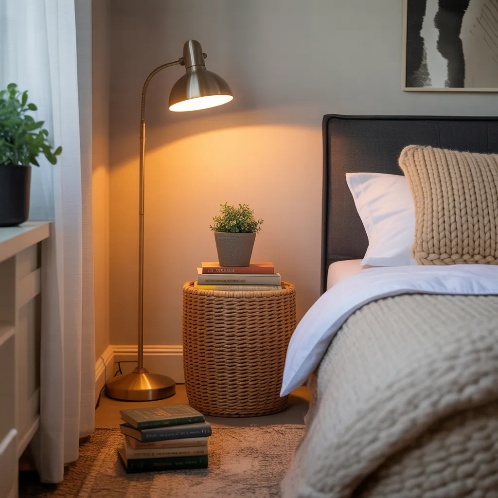 Woven rope nightstand with a brass lamp and a stack of books.