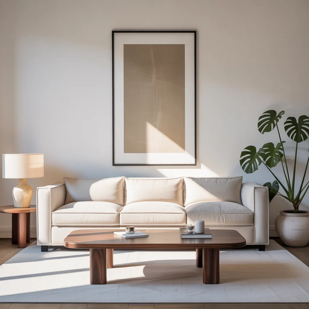 One quality velvet sofa and solid oak coffee table in minimalist room