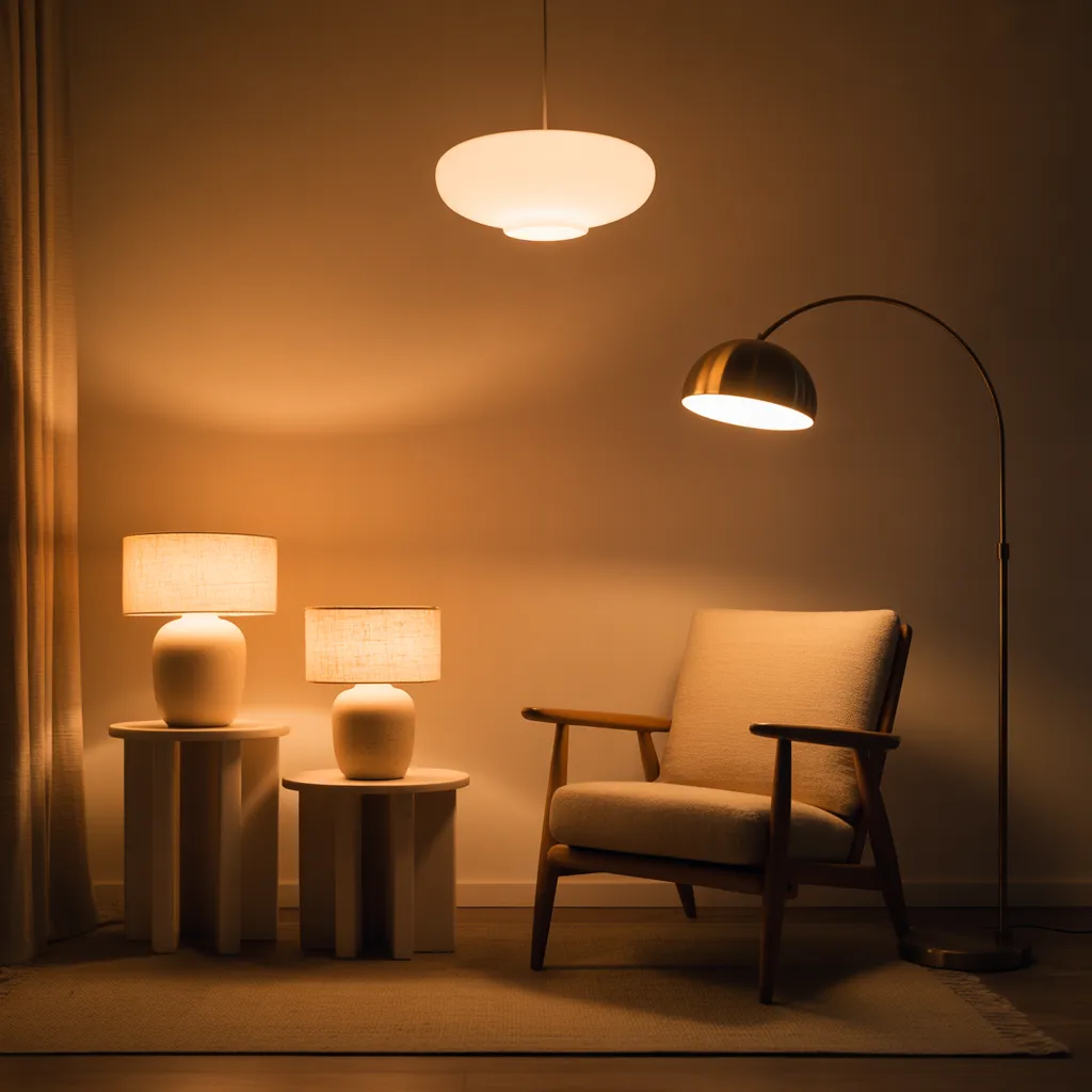 Warm layered lighting with arched brass lamp in minimalist living room