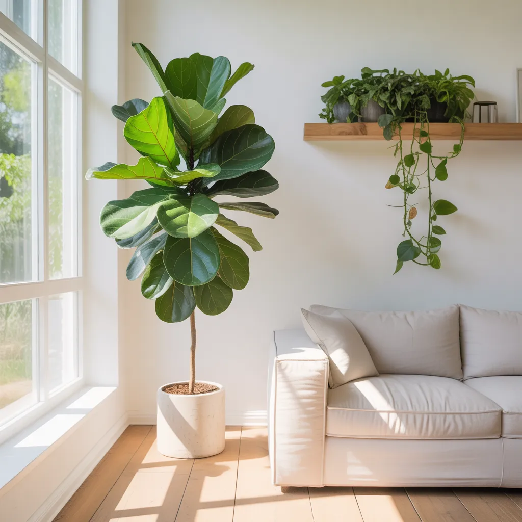 Large fiddle leaf fig statement plant in a minimalist living room corner