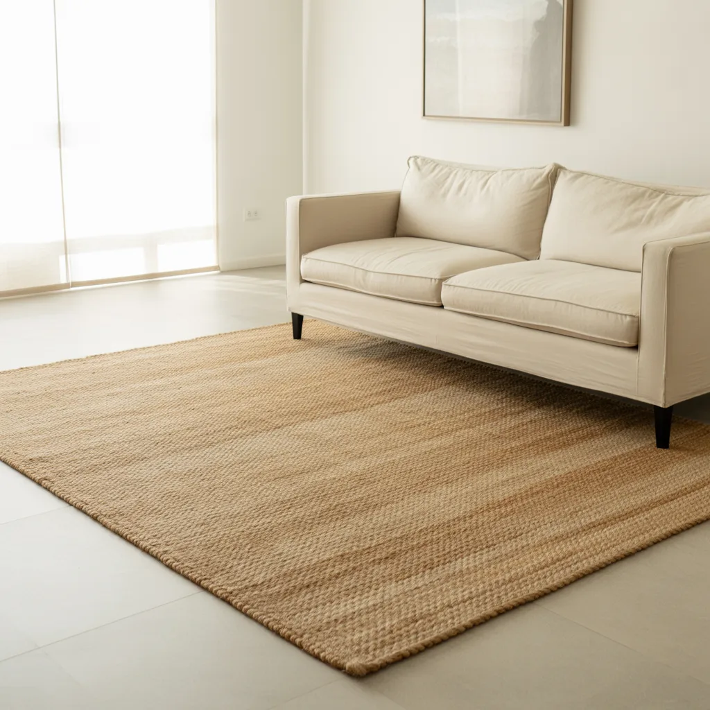 Oversized natural jute area rug anchoring a minimalist living room