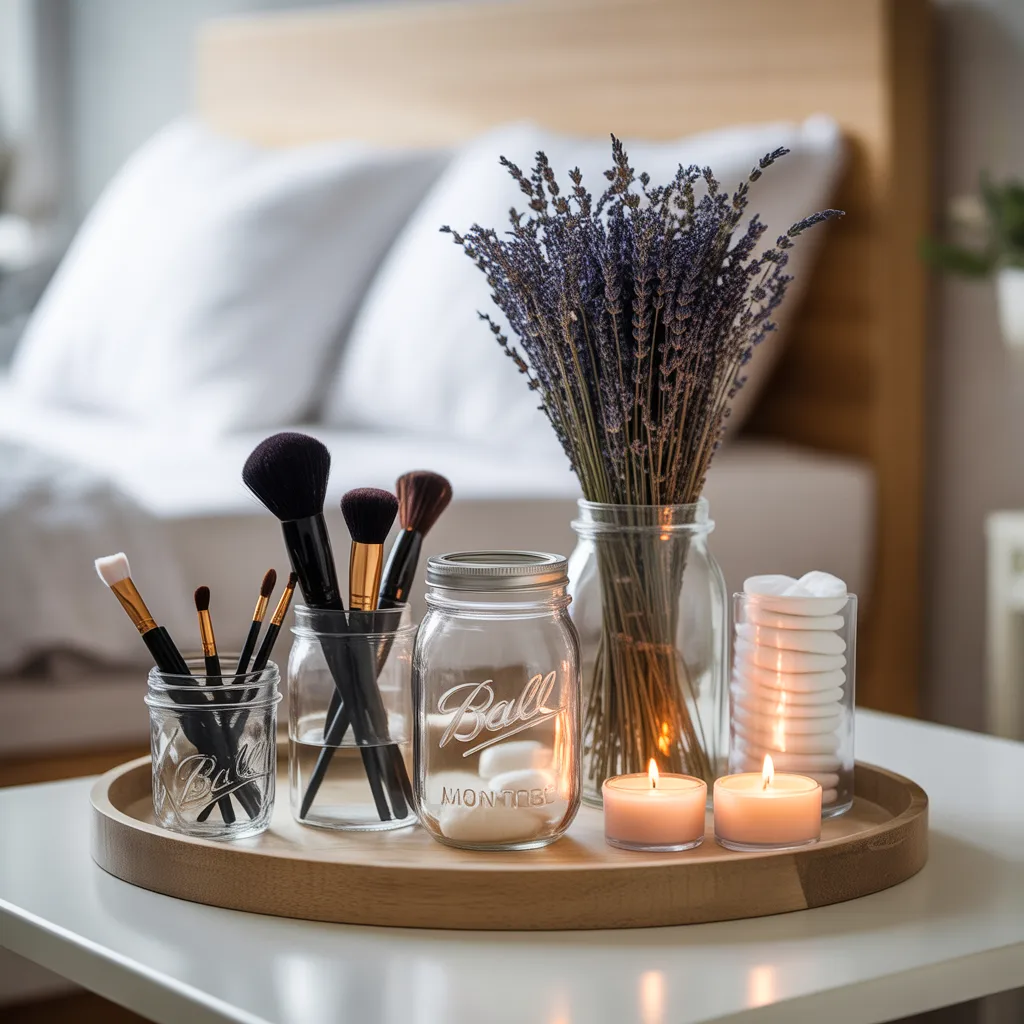 glass jar organizers on vanity minimalist bedroom styling