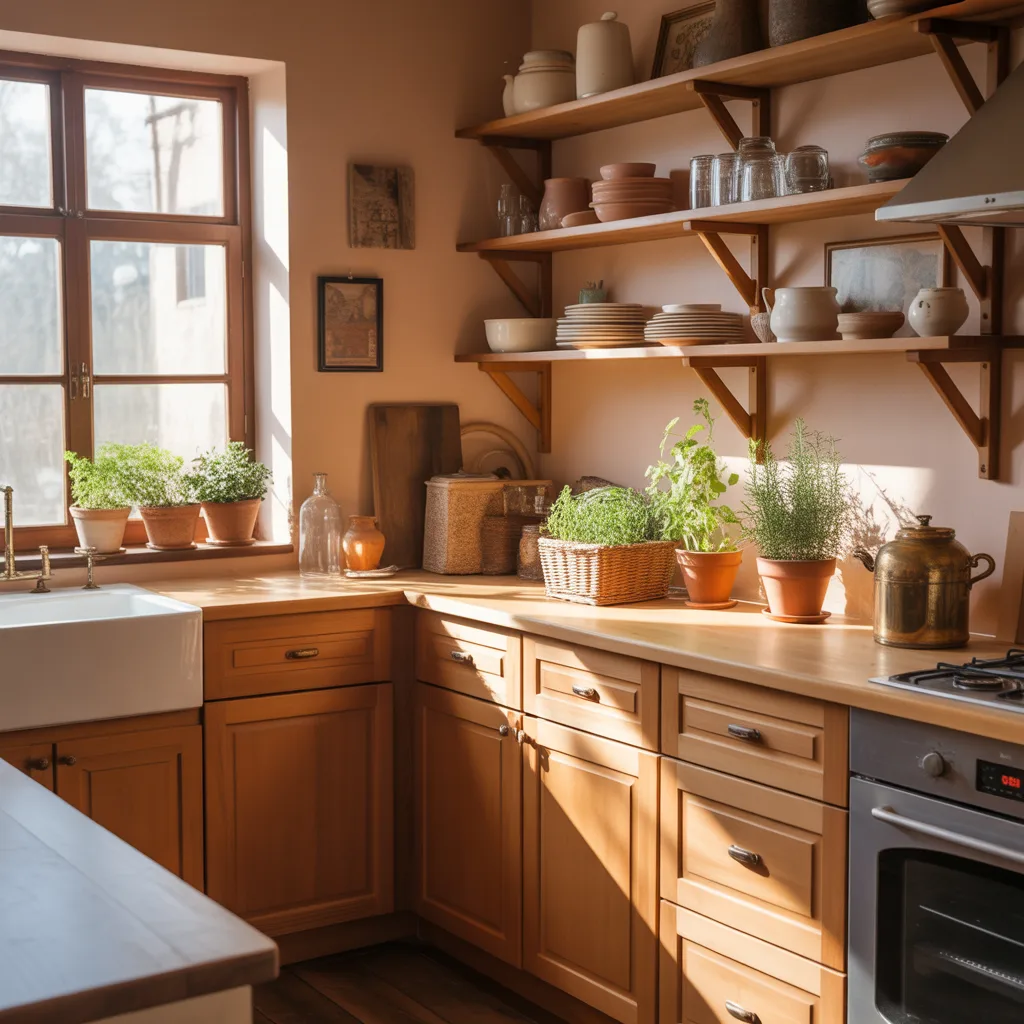 Warm wooden kitchen decor with potted herbs