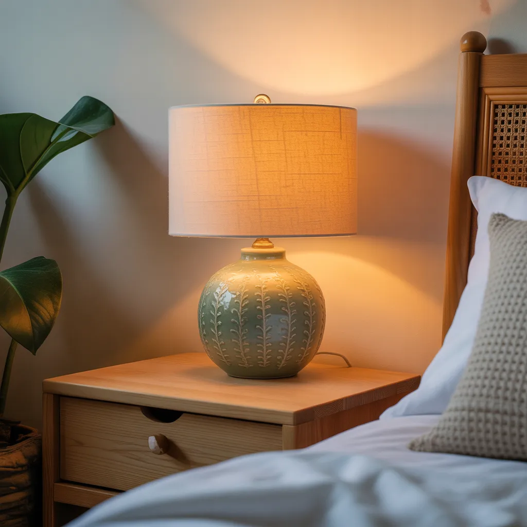 thrifted lamp upcycle warm lighting bedroom nightstand