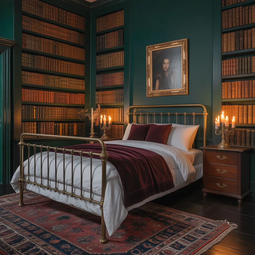 dark academia moody bedroom decor with green walls and books