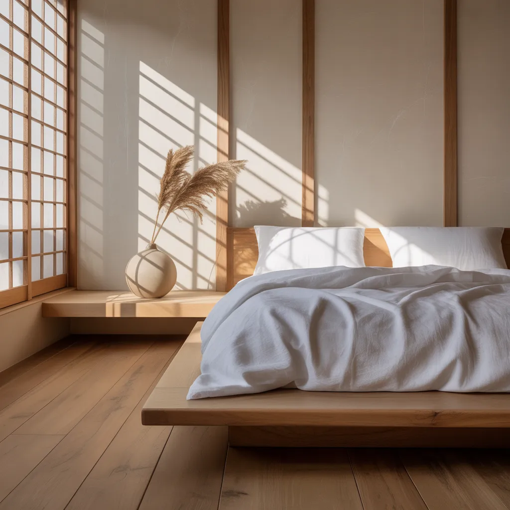 japandi minimalist bedroom with low platform bed and pampas grass