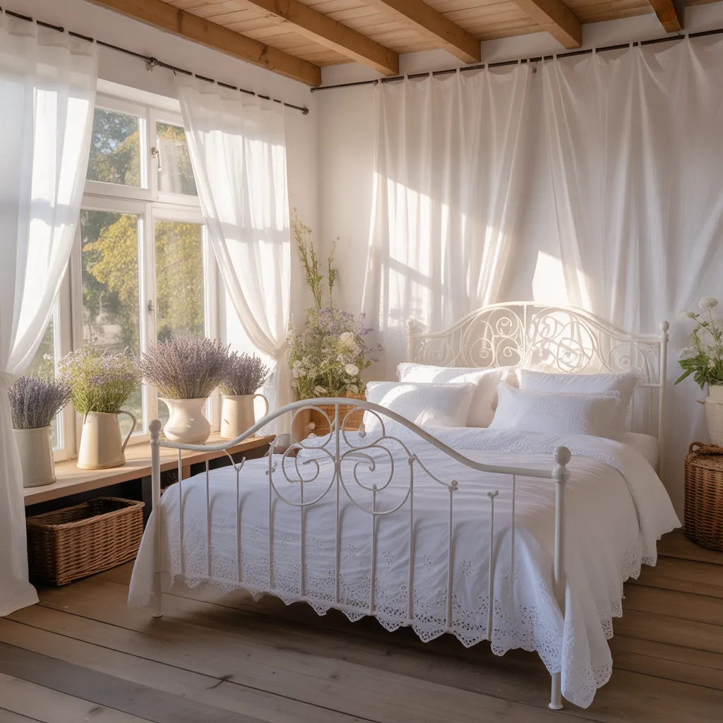 cottagecore floral bedroom with dried lavender and white iron bed