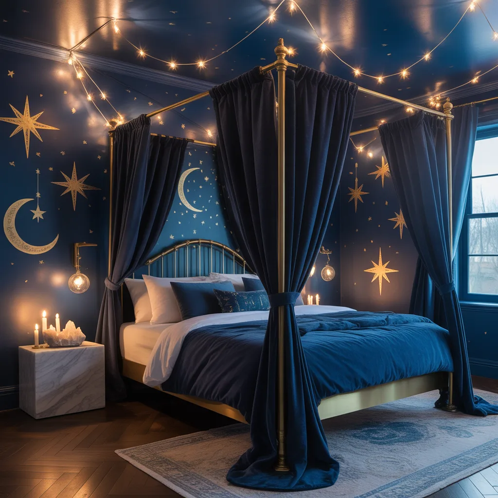 celestial midnight navy bedroom with gold stars fairy lights