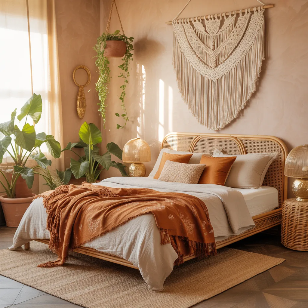 bohemian layered textile bedroom with macrame and rattan