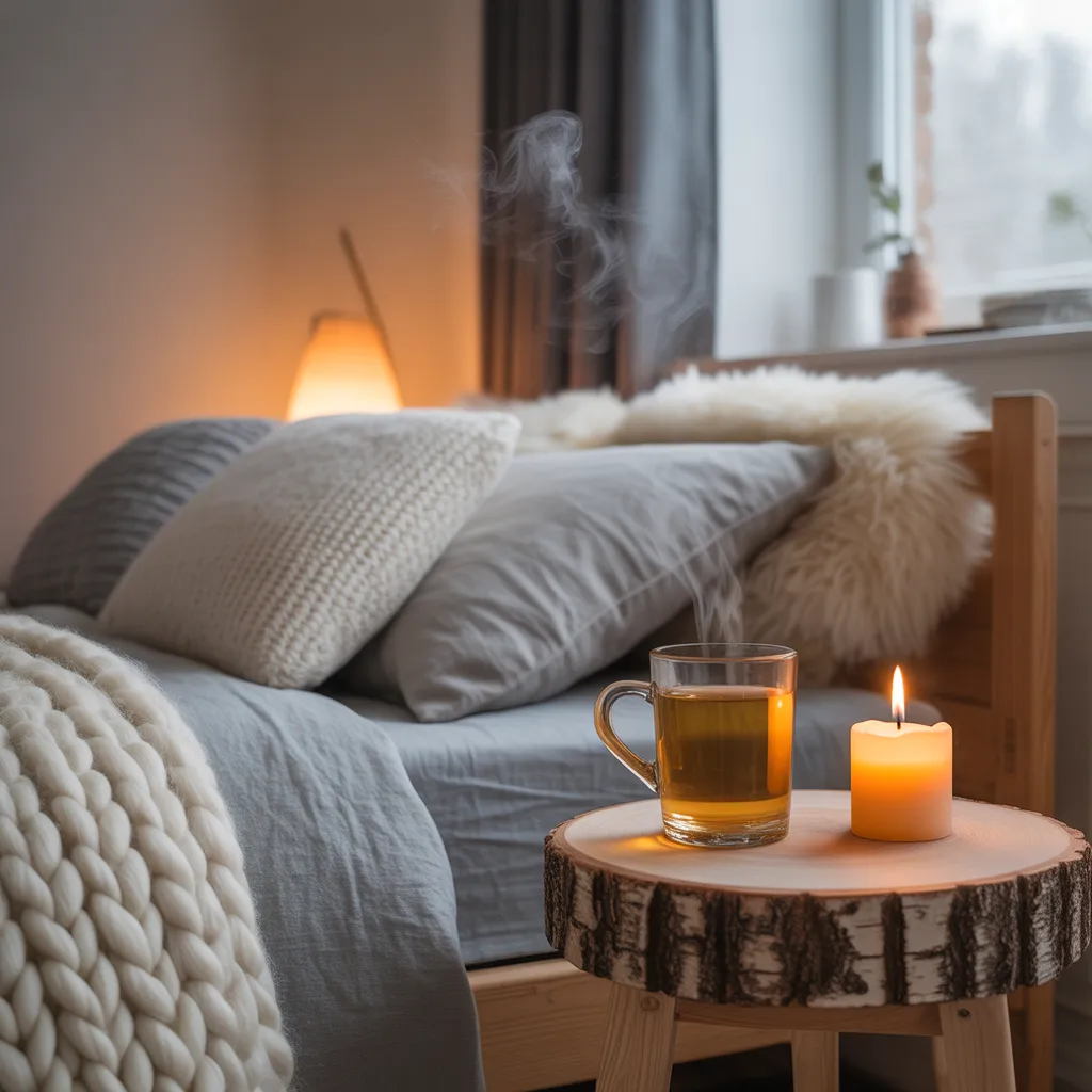 scandinavian hygge cozy winter bedroom with wool blanket candle